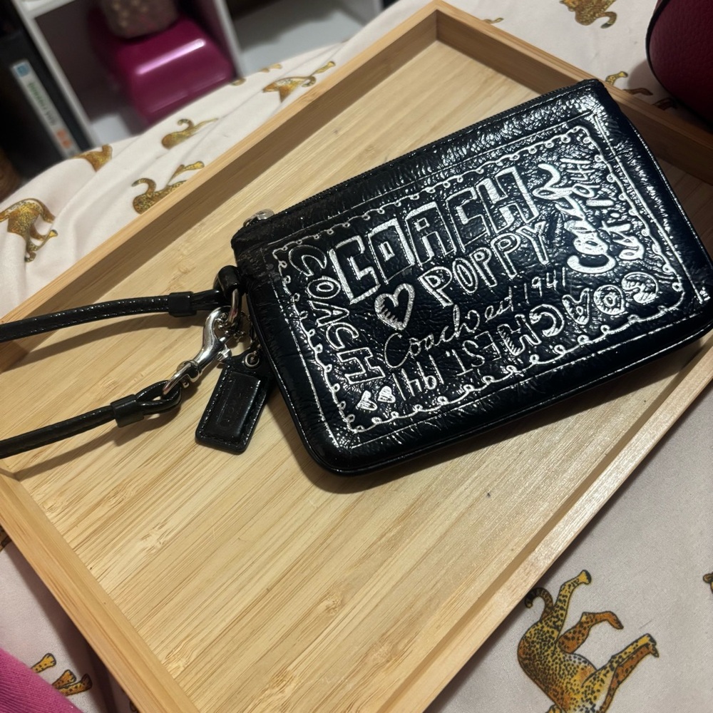 Coach Black Patent Leather Graffiti Wristlet